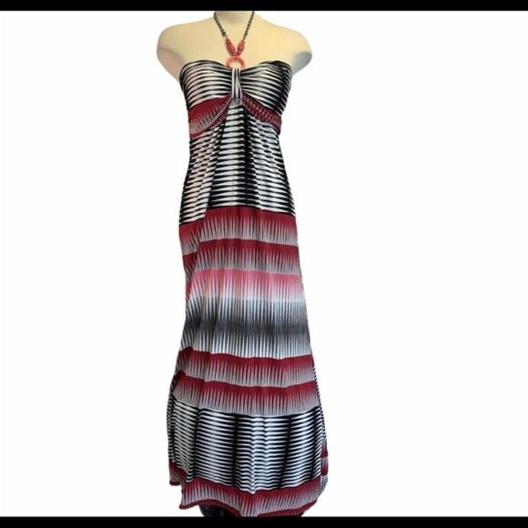 IMPRESS pink red black striped maxi dress Sz L - Picture 1 of 8